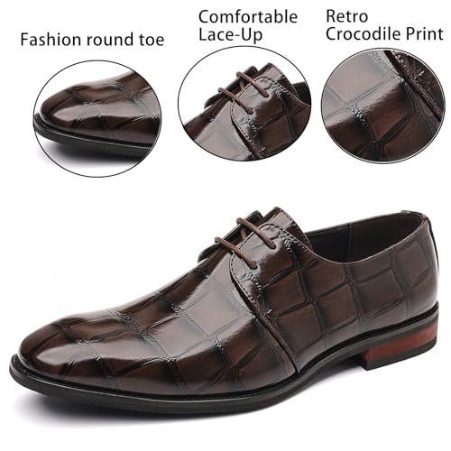 Men's Leather Retro Crocodile Print Chunky Heel Oxford Shoes Comfort Lace-Up Business Low Heel Formal Shoes for Wedding Party Evening3