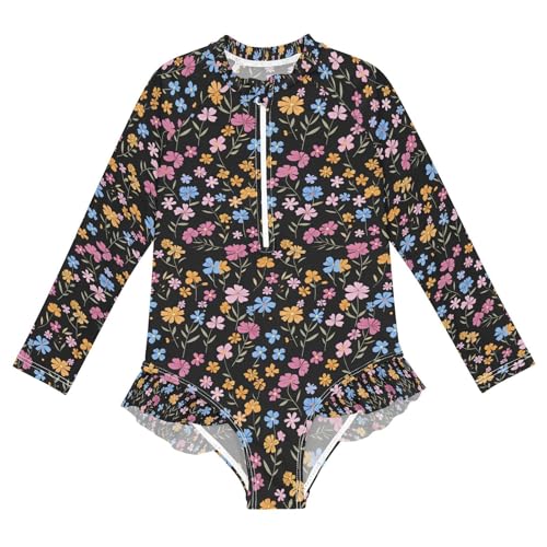 ALAZA Blue Orange Blossom Flower Girls One Piece Swimsuit Long Sleeve Rash Guard Swimsuits UV 50+ Swimwear Zipper