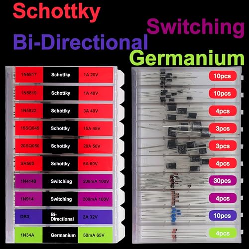 EEEEE 20 Kinds 200 Diode Assortment Kit 6A10 10A10 20A10 15SQ045 20SQ050 1N34A 1N914 SR560 DB3 1N5349B 1N4001 1N4004 1N4007 1N5404 1N5406 1N5408 1N4148 1N5817 1N5819 1N5822 Zener Schottky Rectifier - Thumbnail 5