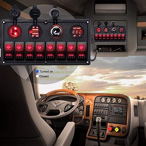 MKING 6 Gang / 8 Gang Circuit LED Car Marine Waterproof Boat Rocker Switch Panel with Fuse Dual USB Slot LED Light Power Socket Breaker Voltmeter for RV Car Boat (RED/Green/Blue) - Thumbnail 5
