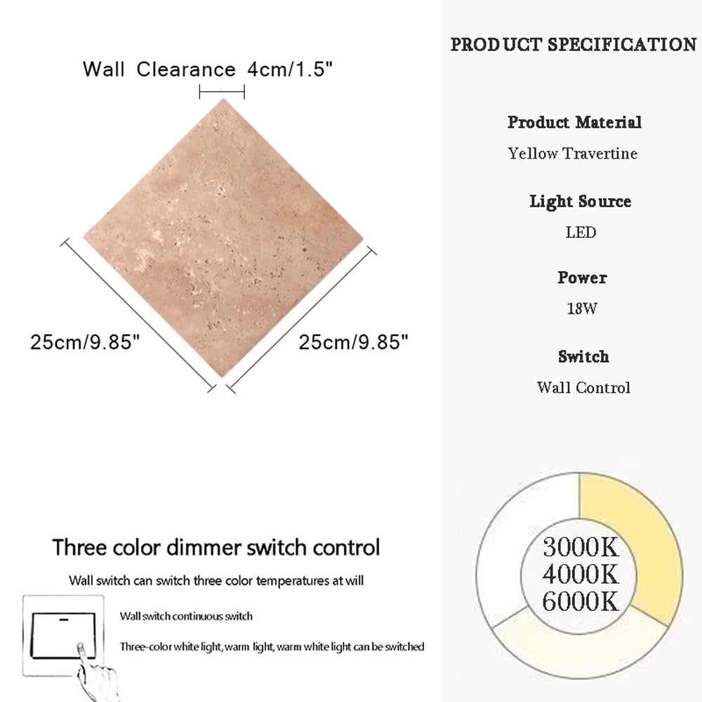 Aplique De Pared LED De Piedra Natural De 18 W, 9,85", Estilo Nórdico Moderno, Cuadrado, De Mármol, 3000 K-4000 K-6000 K, para Interiores, Estilo Rústico, Dormitorio, Sala De Estar Y Baño.