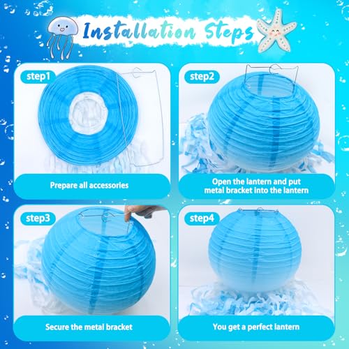 Image of Gradient Blue Jellyfish Paper Lanterns, Under The Sea Party Decorations, Hanging Jelly Fish Paper Lanterns for Mermaid Theme Party Ocean Theme Birthday Decorations Baby Shower Baby Room, 12pcs