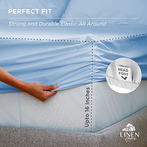 Image of Linen Home 6 Piece Queen Cotton Sheet Set, 100% Cotton Percale, 4 Pillowcases, Deep Pocket with All Around Elastic Sheet, Crisp Breathable Bedding, Hotel Luxury, Long-Staple Combed Cotton, Baby Blue