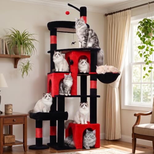 Image of 74 Inch Heavy Duty Gothic Cat Tree for Large Cats, Multi-Cat Tower with 3 Condos, Tall Cat Condo with XL Platform, Hanging Basket & Sisal Scratching Posts, PMT04RD, Black Red