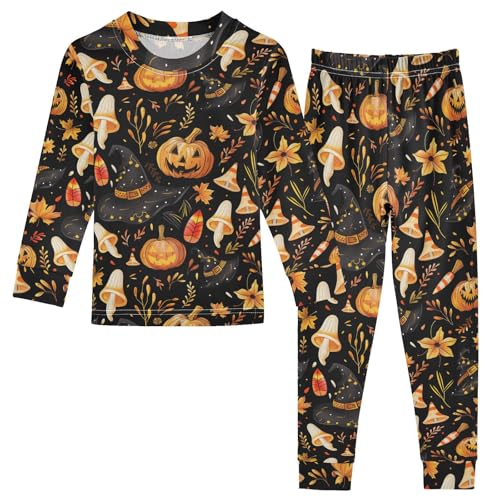 Fustylead Halloween Vibrant Pumpkin Mushroom Witch Hat Leaves Cotton Pajama Sets 2 Piece PJ Top and Bottom Nightwear Set
