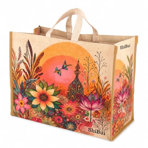 Image of SHIBUI Big Heavy Duty Large Eco Waterproof Cotton Canvas Cloth Grocery Shopping Bag for Men Ladies Vegetable Milk Fruits with Hand Carry Handle Lunch Box Jhola Tote Bags (3, Flower Print)