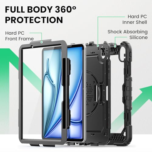Image of SEYMAC Case for iPad Air 11 Inch M4 / M3 / M2 (2026 /2025 / 2024), Heavy Duty Shockproof Protective Case with Screen Protector, 360 Rotating Stand and Hand /Shoulder Strap, Black