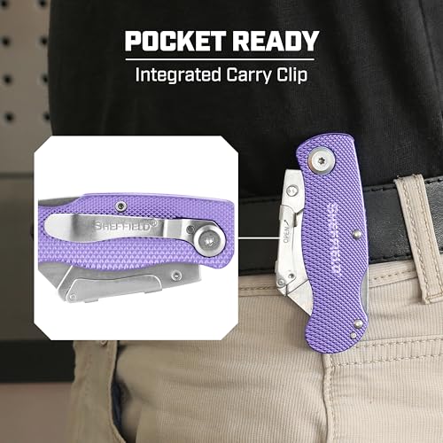Image of Sheffield Lock Back Utility Knife 3 Pack with 10 Utility Knife Blades | Box Cutter with Aluminum Texture Grip Handle, Features Pocket Clip, Patented Quick Change Utility Blade Mechanism