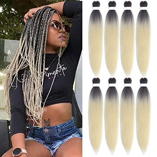 Pre-stretched Braiding Hair 8 packs Yaki Texture Hot Water Setting Synthetic Fiber Crochet Braiding Hair Extension (24Inch, T1B/613)