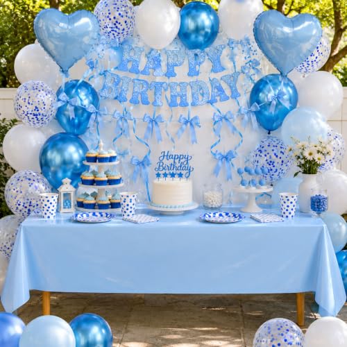 Image of Blue Orchards Light Blue Plastic Table Cover (Pack of 3 with 20 Glue dots) - 54 inch x 108 inch - Waterproof & Disposable Tablecloth Sky Blue Party Decoration for Baby Shower, Birhday Party Supplies, Wedding