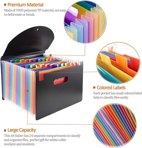 Image of Expanding File Folder with 24 Pockets, A4 Size Accordion File Organizer with Flap & Button Closure, Portable Document Holder for Office, School & Home (Black, Multi-Color Tabs)
