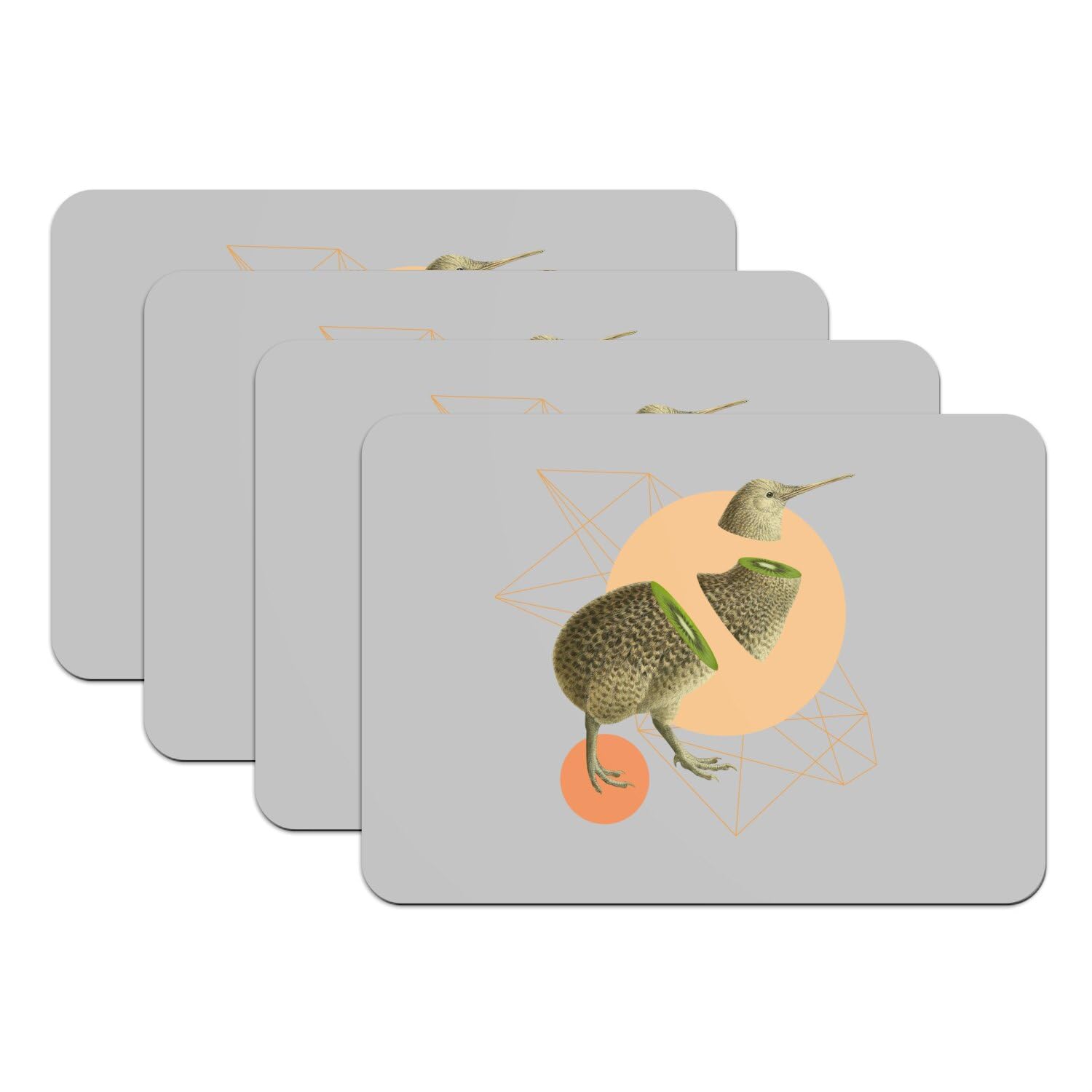 Set de table en caoutchouc gris grand format avec illustration Kiwi oiseau surréaliste