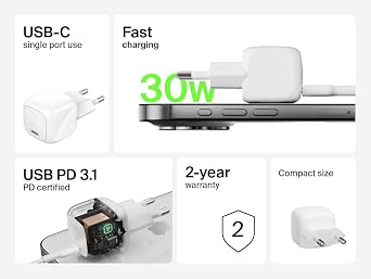 Belkin BoostCharge Kompakt Duvar Şarj Cihazı 30 W, Seyahat Dostu USB-C Power Delivery Hızlı Şarj, iPhone, Samsung Galaxy, iPad, AirPods, Tablet ve Daha Fazlası - Beyaz