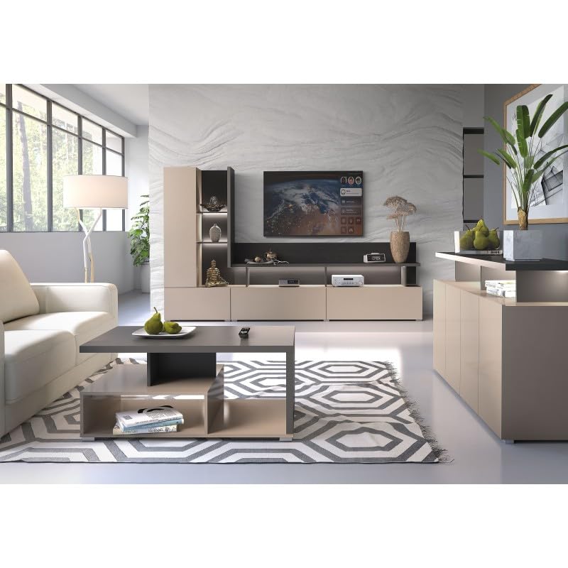 Gamme SERIA – Mobilier Salon Design Taupe, Noir & Bois Congo – Style Industriel Chic Moderne (Mur TV, Buffet, Vitrine, Table Basse) (L 270 × H 162 × P 40...