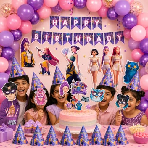 Image of Wanna Party Korean Pop Demon Hunters Birthday Decoration Kit | Happy Birthday Banner, 40 Pink & Purple Balloons, 8 Party Hats, 5 Character Cutouts, 5 Photo Booth Props & Cake Topper Set