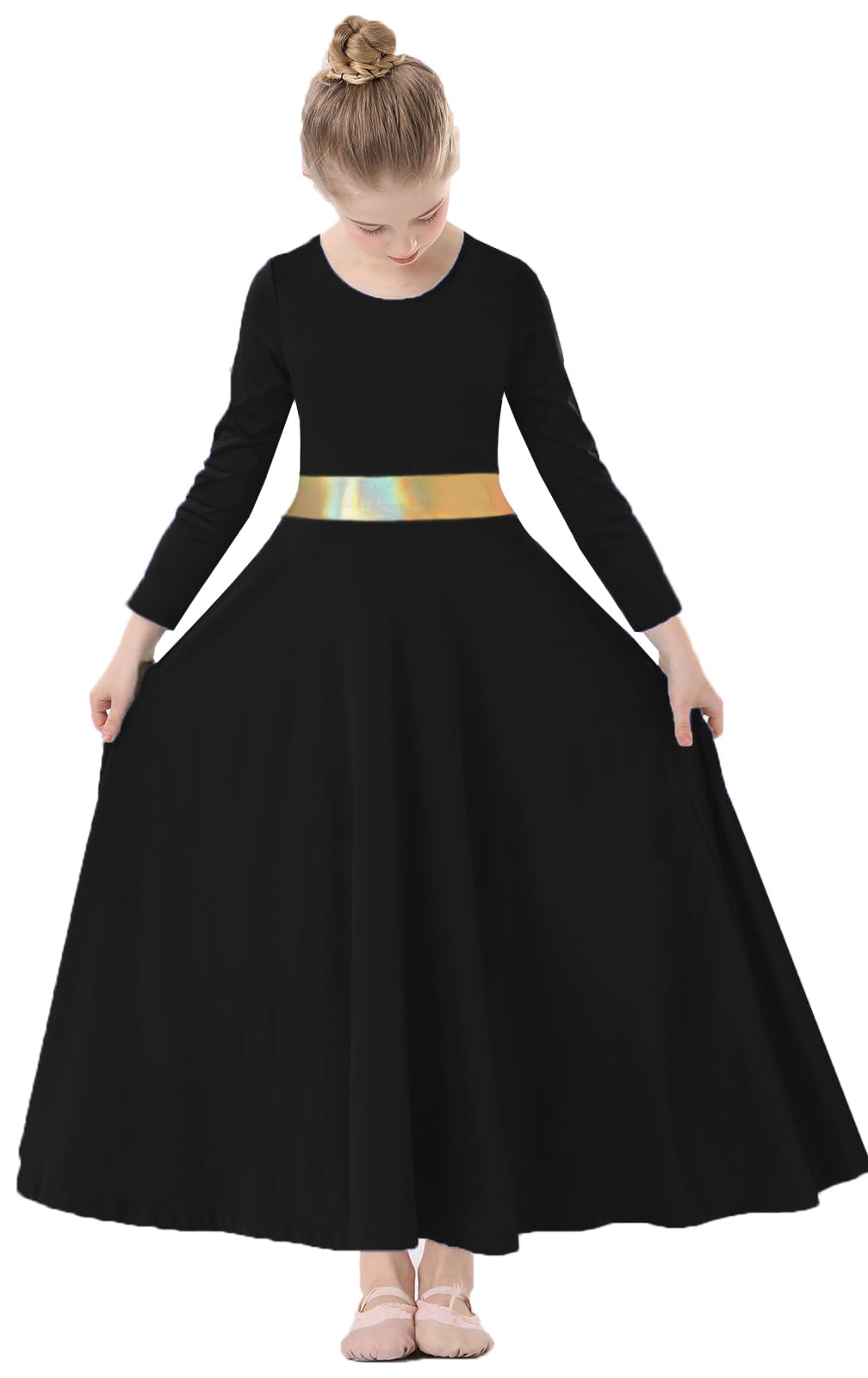 ORIDOOR Girls Praise Dance Dress Metallic Gold Liturgical Worship Church Robe Full Length Swing Lyrical Costume 02-Black Tag130