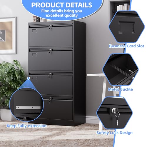 SUXXAN 4 Drawer File Cabinet, Lateral Filing Cabinet with 4 Locks for Home Office, Black File Cabinets with Business Card Holder for Letter/Legal/F4/A4 Hanging Files