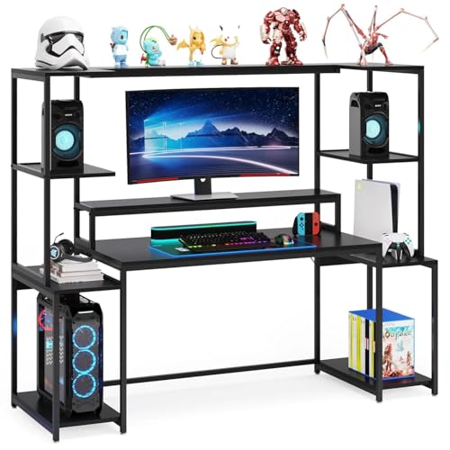 Image of TEKAVO Gaming Table | 180 CM | Gaming Setup Desk with Hutch and Monitor Rise | Computer Table for Home pc | DIY | Black