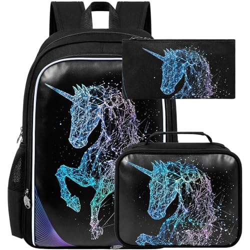 Image of gxtvo 3PCS Unicorn Backpack, 17 inch Girls Bookbag with Lunch Box, Kids Water Resistant Middle Elementary School Bag for Prechool
