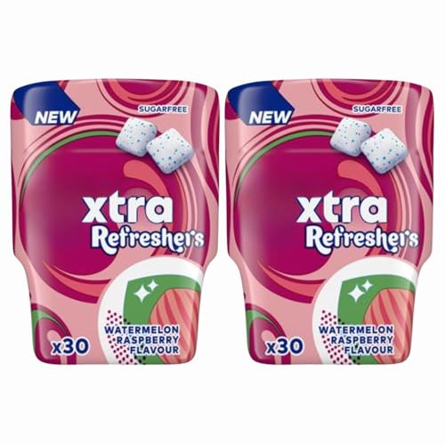 Refreshers Watermelon & Raspberry Sugar Free Chewing Gum Tub, 30pcs x 2, Fresh Fruit Flavour Snack Compatible with Extra Chewy Range with Welari Thank You Card | (2 Pack)
