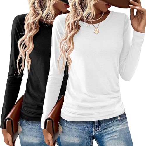 2 Pack Womens Tops Crewneck Soft Long Sleeve Shirts Fall Clothes Casual Tshirts Basic Tee
