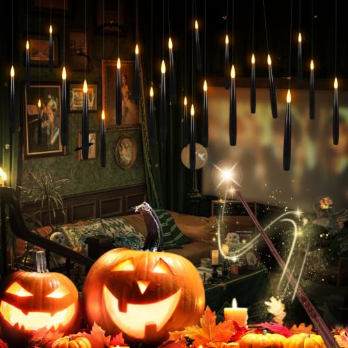 Image of 24 Pcs Black Floating LED Taper Candles with 2 Magic Wand Remotes - 6'' Hanging Flameless Candles with Fishing Line & Hooks for Halloween Christmas Decor
