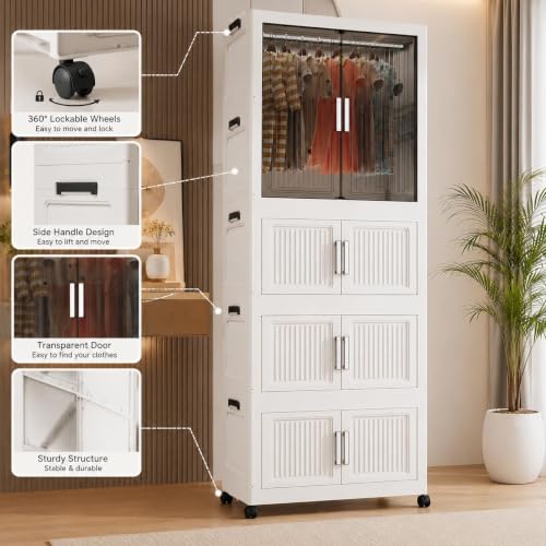 Image of Plastic Wardrobe for Cloths | 4 Layer Stackable Almirah with Hanging Rod, Transparent Doors, Wheels | Foldable Storage Cabinet Organizer for Clothes /Books /Toys