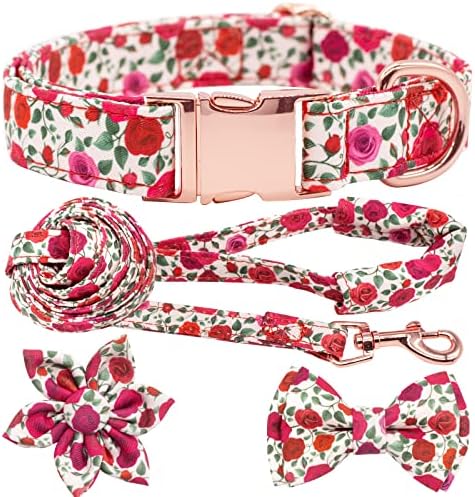 Dog Collar and Leash Set with Flower Bow Tie Girls Dog Collar Dog Tag Metal Buckle Adjustable for Small Medium Large Dogs Red Roses-S