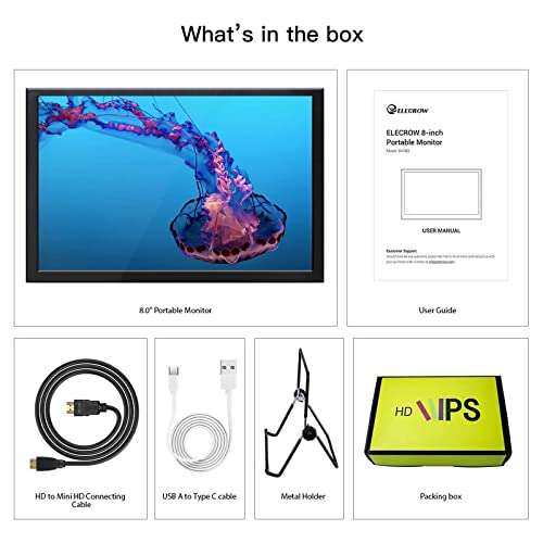 Image of ELECROW 8 Inch Portable Monitor, 1280x800 Mini HD Display with Built-in Speakers, USB Powered, Non-Touch LCD Screen for Raspberry Pi, PC, Laptop, Jetson Nano, Game Consoles