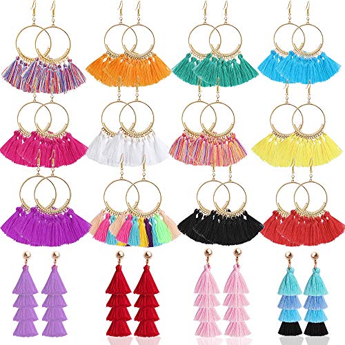 Outee 16 Pairs Tassel Earrings Set Dangle Earrings Long Layered Ball Thread Bohemian Tiered Tassel Drop Earrings Fashion Jewelry for Women Valentine Birthday Party Gifts