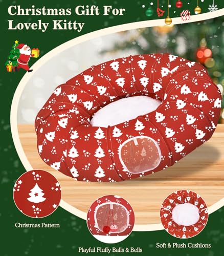 Image of Pawaboo Cat Tunnel Bed Under Christmas Tree, 35.4'' Christmas Cat Toy Circle Tunnel with Ball,Cats Tunnels Christmass Trees Skirt Decorative Festive Foldable Kitty Tube Tunnels for Cats(Red Xmas Tree)