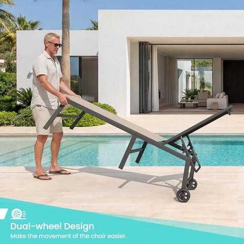 Image of Amopatio Patio Lounge Chairs Outdoor Chaise Lounges Set of 2 | Movable Pool Chairs with Wheels &Side Table Weather Resistant 5-Position Adjustable Backrest 400 LBS Capacity;Khaki