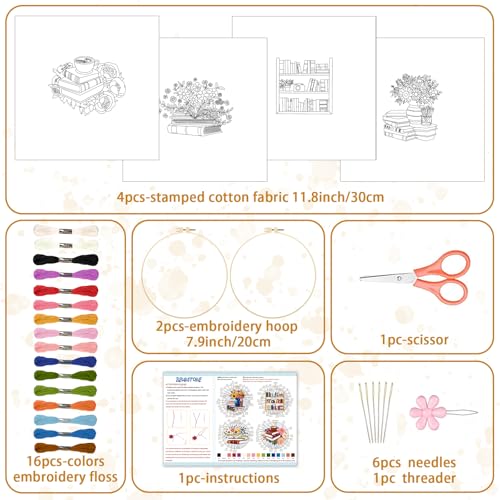 Image of BEUNITONE 4 Set Book Flower Embroidery Kit for Adult Beginners 7.9x7.9 DIY Cross Stitch Kits Needlepoint Starter Kit with Pre-Printed Design and Hoops, Stamped Embroidery Kit for Home Ofiice Decor