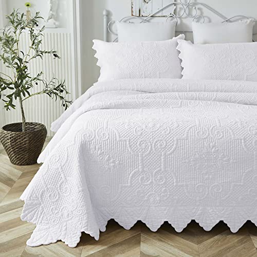 Brandream 20220915QS001 White Quilt Set Queen Size Cotton Vintage Scalloped Farmhouse Comforter Set Matelasse Bedding Bedspreads 3-Piece thumb #1