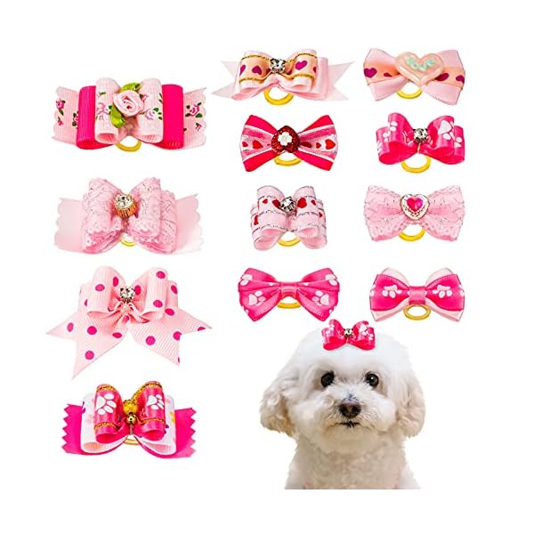Mtlee 12 pieces small dog hair bow rubber bands cute puppies hair bows pink doggies cat topknot pet headdress with rhinestones dog grooming bowknot pet hair accessories for puppy kitten