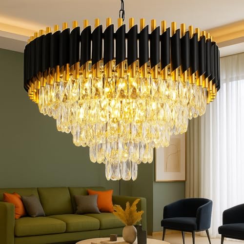 Image of Modern K9 Crystal Chandeliers Gold -Round Crystal Chandelier for Living Room Colors.Warm White, Moon Light,Golden,Led Plate Included (Black Gold, 600MM)