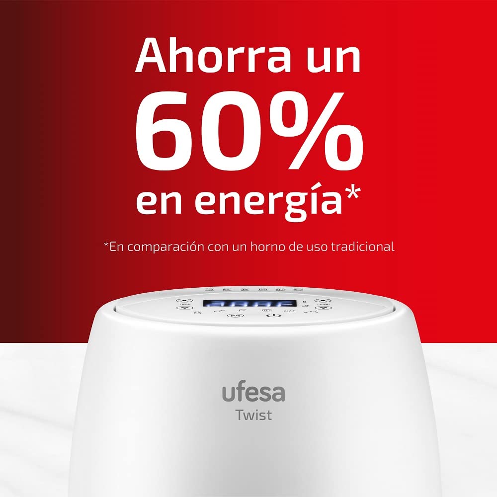 Ufesa Twist Freidora de Aire sin Aceite de 2L, 6 Programas, 1200W, Temporizador, Temperatura 80ºC - 200ºC, Sin BPA, Cubeta y Bandeja Anti-Adherentes, Cuerpo/Asa Tacto Frío