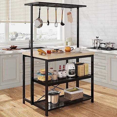 Amyove 43'' Large Kitchen Island Bakers Rack Microwave Oven Stand Shelf with 3 Tier Storage, Metal Coffee Bar Table,Kitchen Storage for Dining Living Room, 5 Hooks, 43.7 * 27.9 * 72 Cover