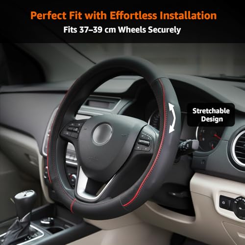 Image of Amazon Basics Leather Steering Wheel Cover (Medium - 38 cm) | Breathable, Non-Slip Polyvinyl Grip with Sporty Black Stitching & Easy Installation (Black and Red)