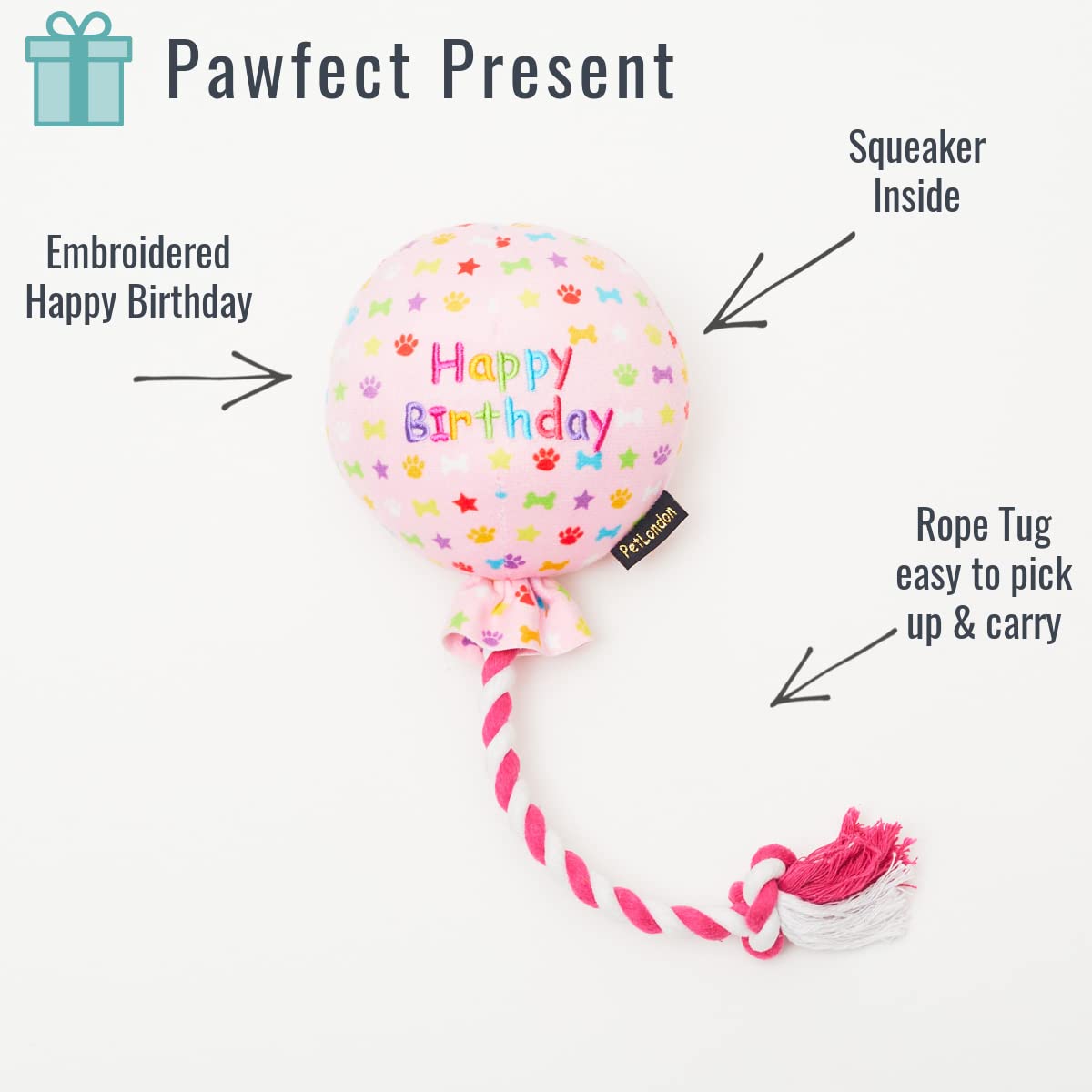 Pet London Geburtstags-Hundespielzeug mit Luftballon, Rosa – Feiern Sie den Hund Happy Birthday – Plüsch, buntes Regenbogen-Konfetti-Muster, Hunde-Party-Geschenk