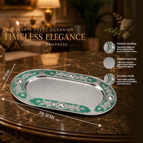 Image of Decorative Oval Metal Tray with Turquoise Enamel & Crystal Floral Border | Premium Silver Finish Display Tray for Home Decor, Coffee Table, Dining Table, Centerpiece, Console & Gift Item
