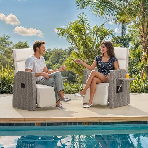 YITAHOME Outdoor Recliner Chair, Wicker Recliner Chair w/150° Reclining, Adjustable Footrest, Flip Table, Reclining Lounge Chair with 2.8" Thick Cushions for Deck Backyard Pool Side, Beige by YITAHOME - Used condition - Image 2