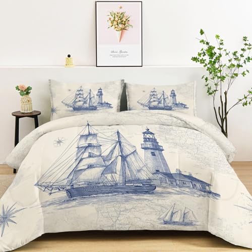 Küste Segelboote Leuchtturm Bettdecke 135 x 200 cm - Warme Wende Steppdecke Ohne Bezug, Weiche Mikrofaser Bettdecke Waschbar, 4 Jahreszeiten Decke für Kinder & Erwachsene Mehrfarbig