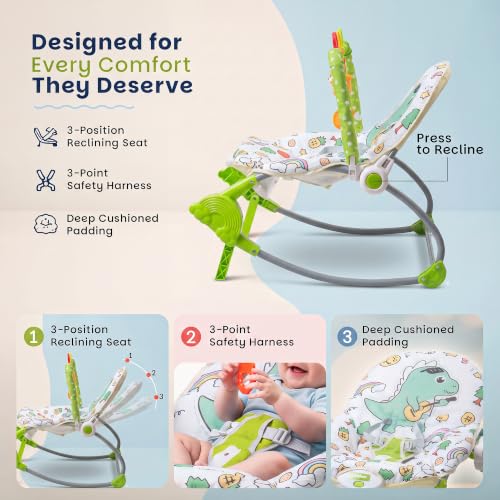 Image of Baybee 2 in 1 Baby Rocker & Bouncer, 3-Position Recline, Soothing Music, Removable Hanging Toys, Soft Cushioned Seat & Safety Harness, Rocking Chair for Newborn 0-3 Years (Green)
