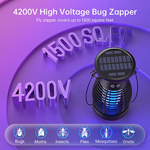 Solar Bug Zapper Outdoor, 3-In-1 Mosquito Zapper For Camping, 4200V High Powered Pest Control Waterproof Uv Fly Zapper, Rechargeable Electric Fly Trap For Camping, Home,Kitchen, Patio(Black) #TOP3