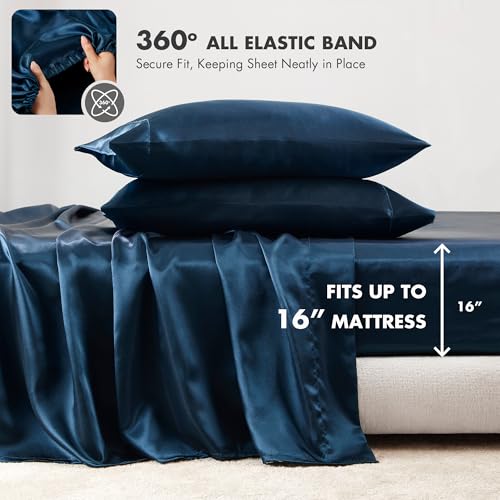 Image of Madison Park Essentials Satin Sheets King Bed Set, 6 Pcs, Midnight Blue | Luxury and Smooth Silky Bedding with Natural Sheen, All Around Elastic 14 inch Pocket fits up to 16 inch Mattress, Year-Round Cozy
