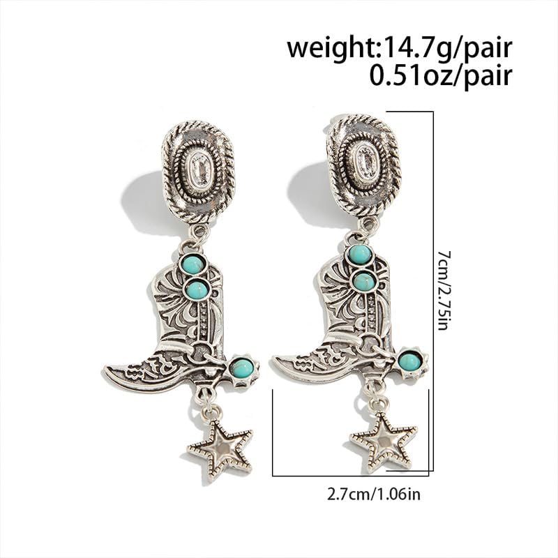 Silver Western Earrings Vintage Silver and Turquoise Western Style Cowboy Hat Boots Cowgirl Country Concert Dangle Earrings Jewelry Accessories for Women - Image 3