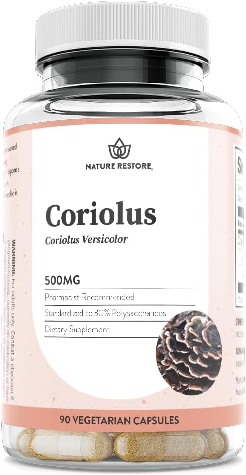 - Nature Restore Coriolus Versicolor Mushroom Extract Supplement, 30 Percent Polysaccharides, Non GMO, Gluten Free, 90 Capsules, Original Turkey Tail Mushroom Supplement