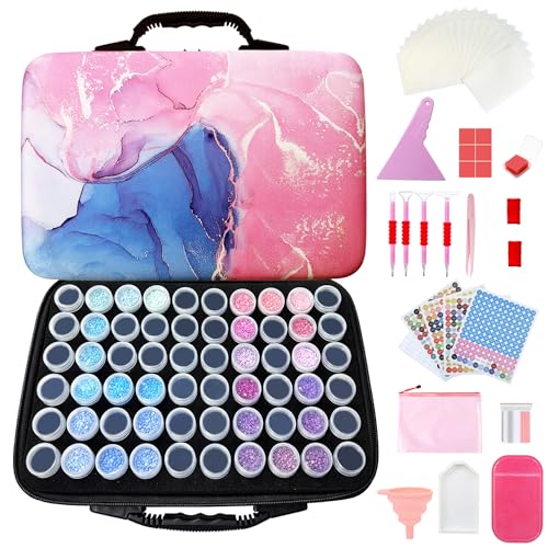 Image of Muzagroo Art Diamond Painting Storage Containers Diamond Art Storage Case with Accessories and Tools Portable Shockproof 60 Slots Organizer Case for Diamond Painting Kits Standard Set (Pink)