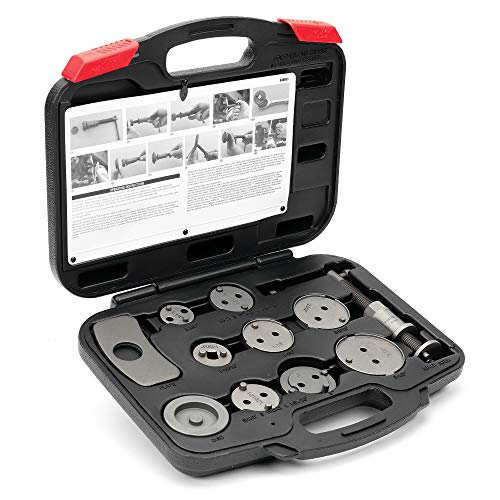 Powerbuilt Rear Disc Brake Adjust Tool Kit, Caliper Piston Adjustment, Vehicle Parking Brakes, T-Handle Center Screw, Adapters, Storage Case - 648601
